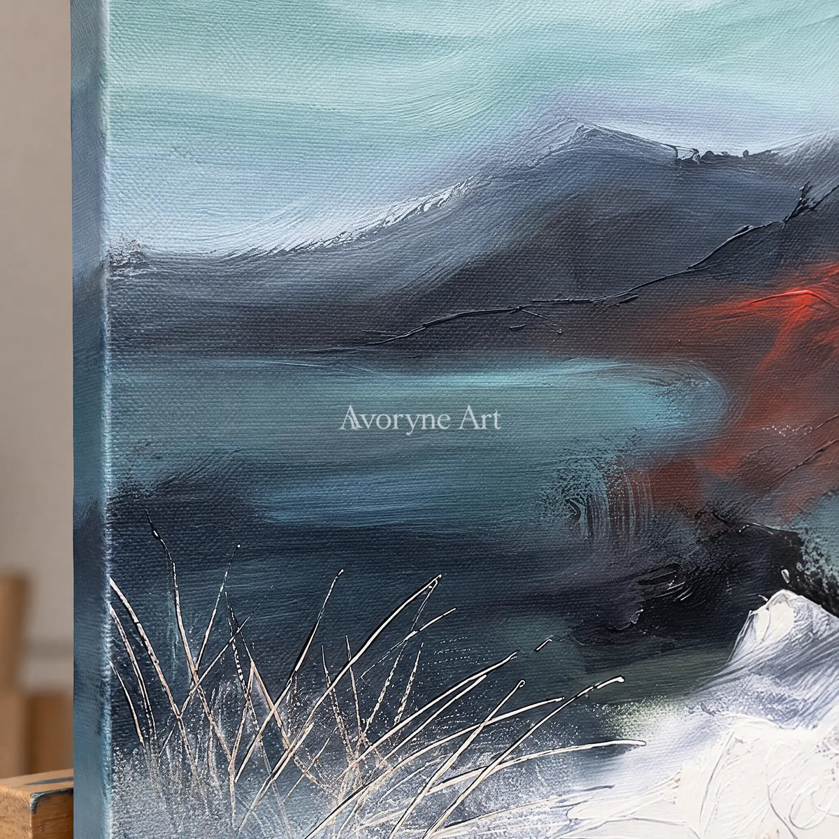 Close-up of the hand-painted texture of Blue Solace colorful mountain triptych on an easel