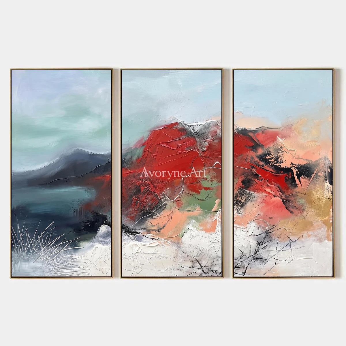 Blue Solace, hand-painted colorful mountain triptych by Hamish McAllister
