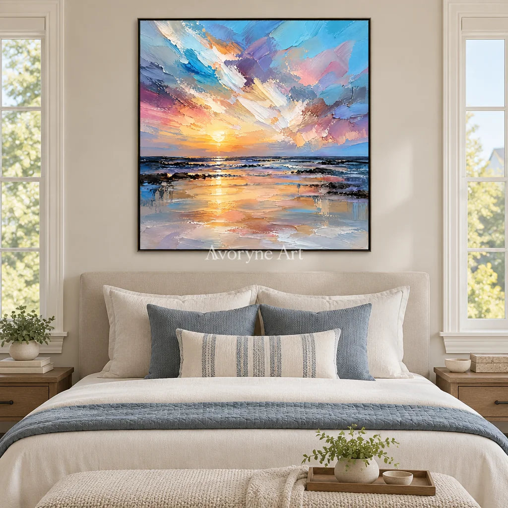 Violet Sundown: Colorful Ocean Sunset Wall Art — bedroom black