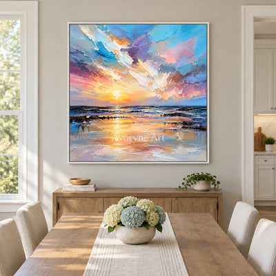 Violet Sundown: Colorful Ocean Sunset Wall Art — dining white