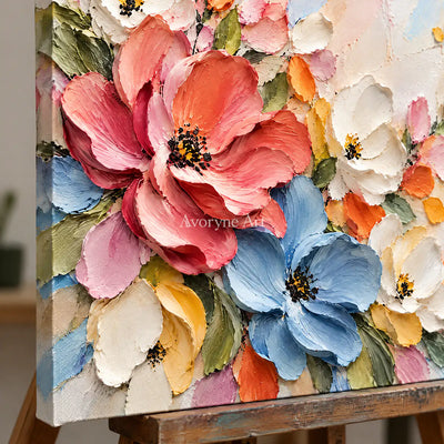 Blooming Arc: Colorful Pink Floral Relief Wall Art — detail easel