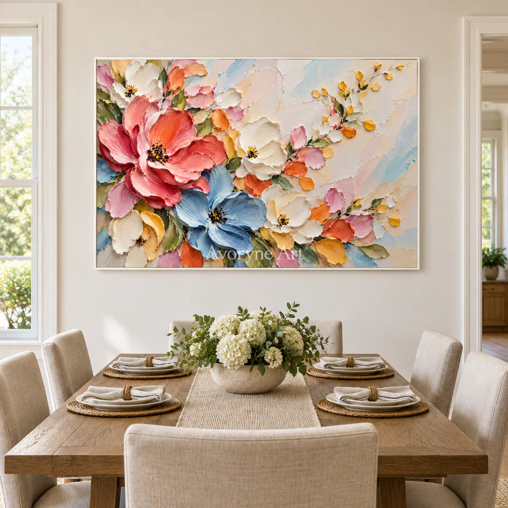 Blooming Arc: Colorful Pink Floral Relief Wall Art — dining white