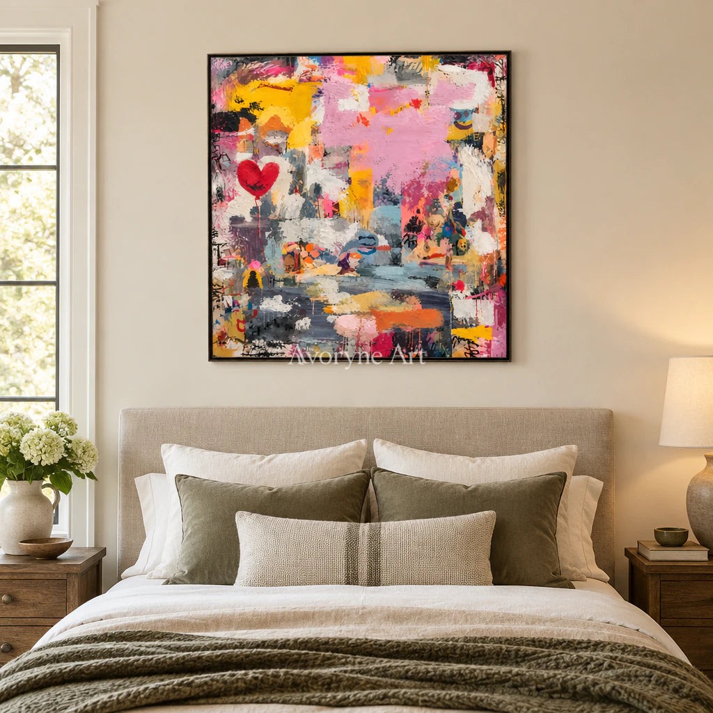 Rose Collage: Colorful Pink Heart Abstract Wall Art — bedroom black