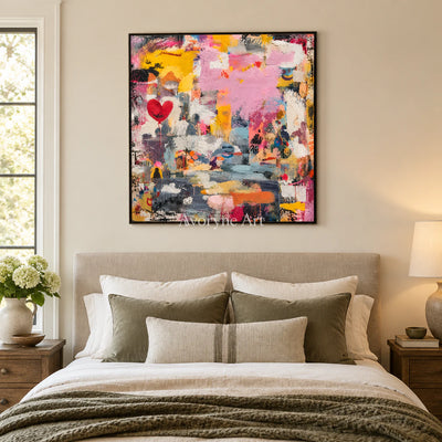 Rose Collage: Colorful Pink Heart Abstract Wall Art — bedroom black