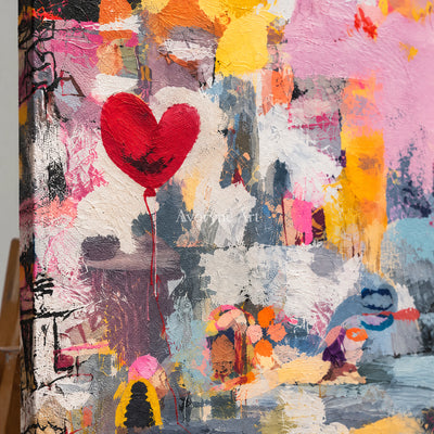 Rose Collage: Colorful Pink Heart Abstract Wall Art — detail easel