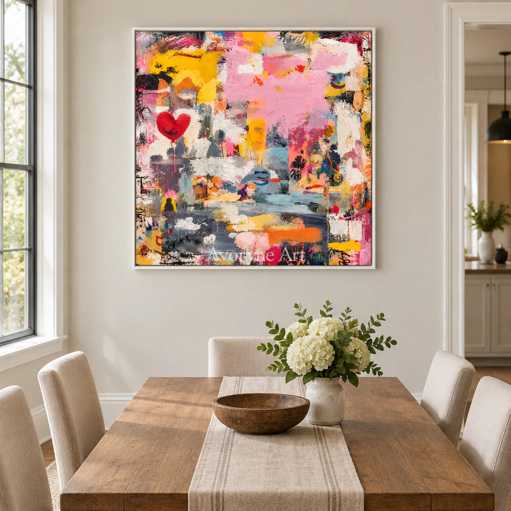 Rose Collage: Colorful Pink Heart Abstract Wall Art — dining white
