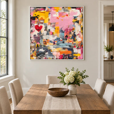 Rose Collage: Colorful Pink Heart Abstract Wall Art — dining white