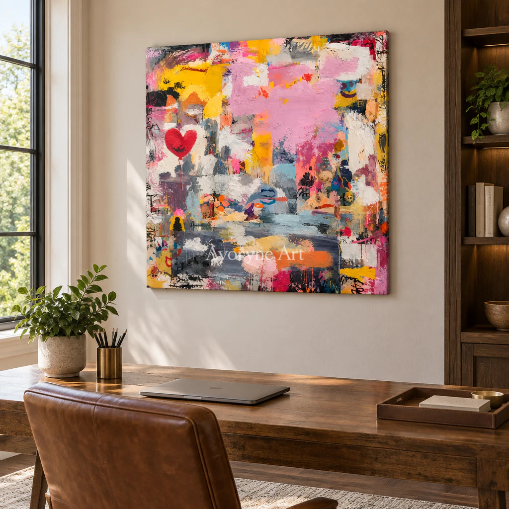 Rose Collage: Colorful Pink Heart Abstract Wall Art — office frameless