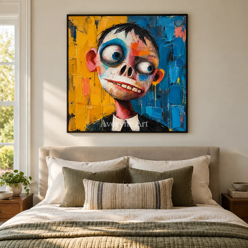 Wide-Eyed Wonder: Colorful Pop Character Wall Art — bedroom black