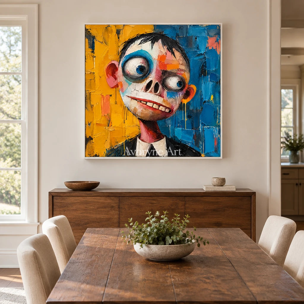 Wide-Eyed Wonder: Colorful Pop Character Wall Art — dining white