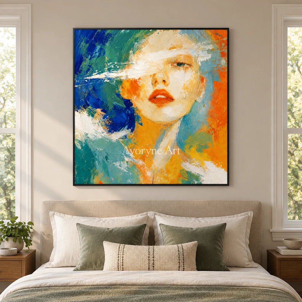 Silver Story colorful portrait wall art with a black frame above a bed in a bedroom
