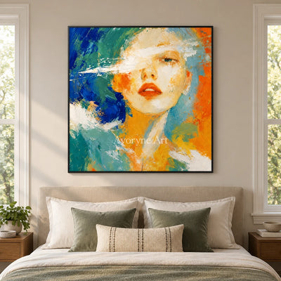 Silver Story colorful portrait wall art with a black frame above a bed in a bedroom