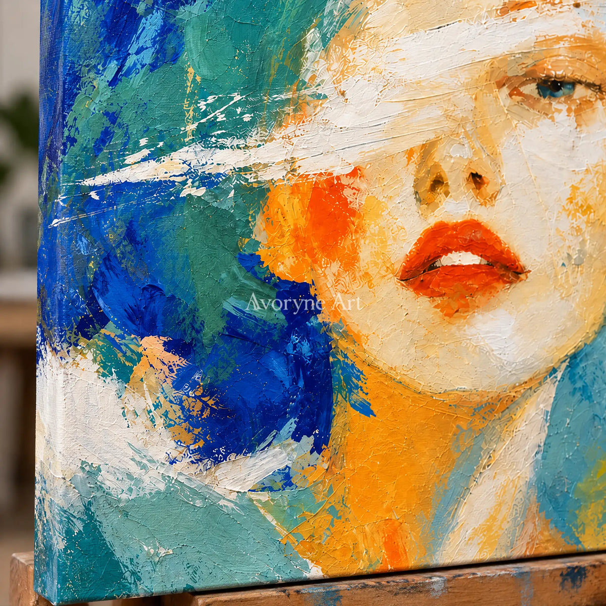Close-up of the hand-painted texture of Silver Story colorful portrait wall art on an easel