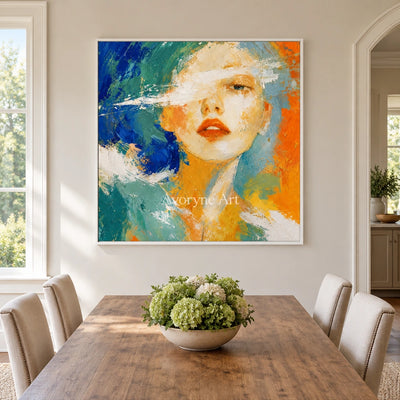 Silver Story colorful portrait wall art with a white frame in a dining room