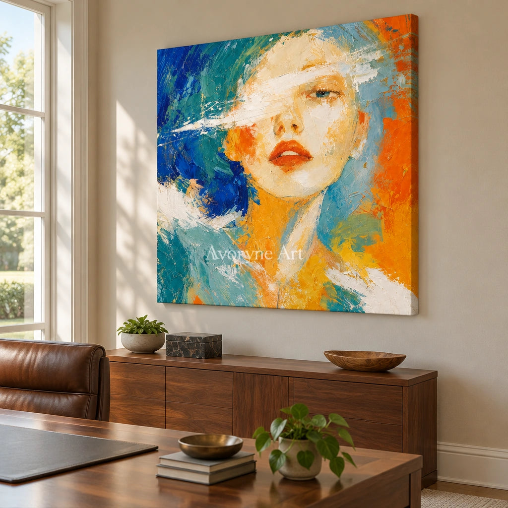 Silver Story colorful portrait wall art as a frameless stretched canvas in a home office