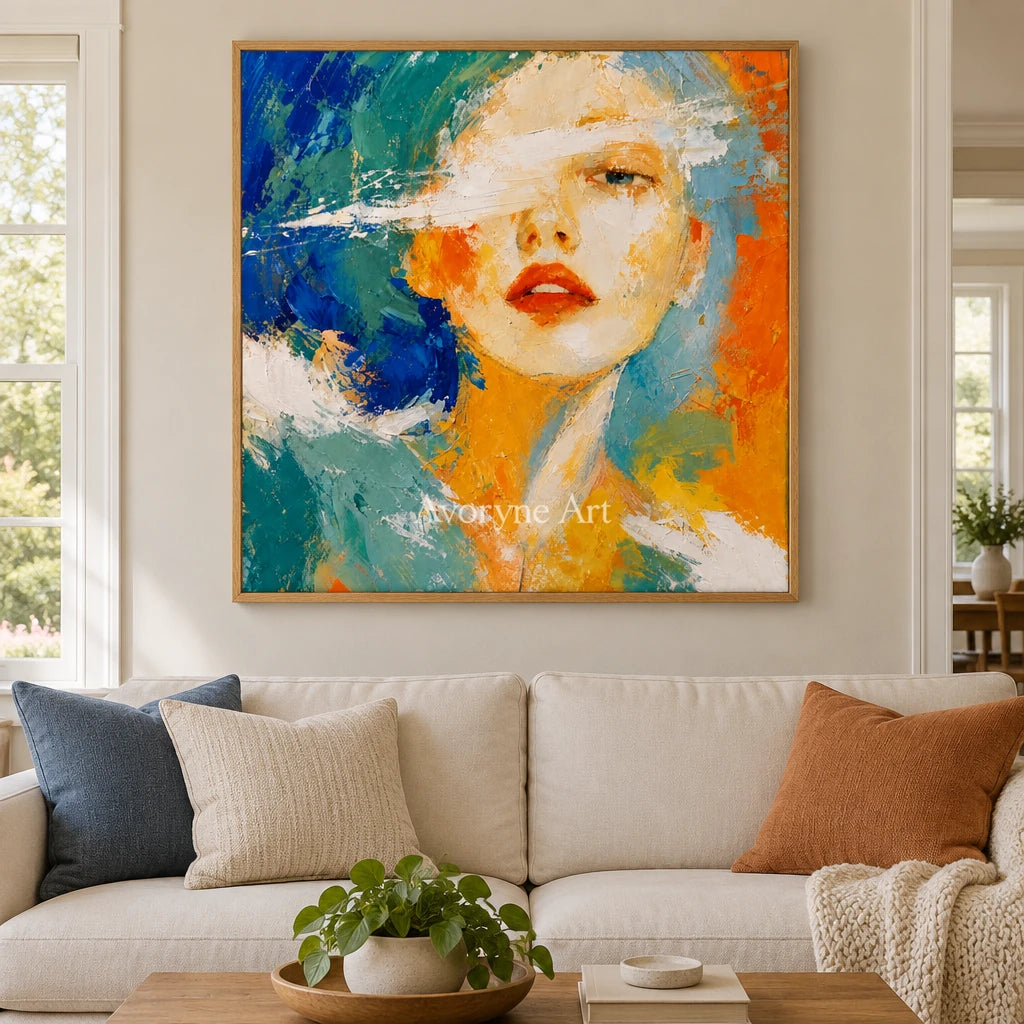 Silver Story colorful portrait wall art with a wood frame in a villa living space