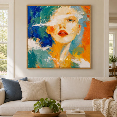 Silver Story colorful portrait wall art with a wood frame in a villa living space