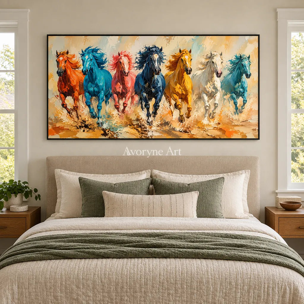 Aven Copper Gallop: Colorful Running Horses Wall Art — bedroom black