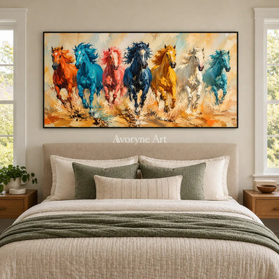 Aven Copper Gallop: Colorful Running Horses Wall Art — bedroom black