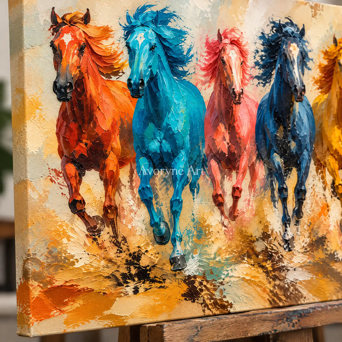 Aven Copper Gallop: Colorful Running Horses Wall Art — detail easel