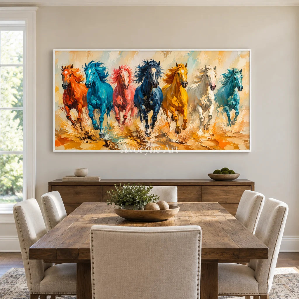 Aven Copper Gallop: Colorful Running Horses Wall Art — dining white
