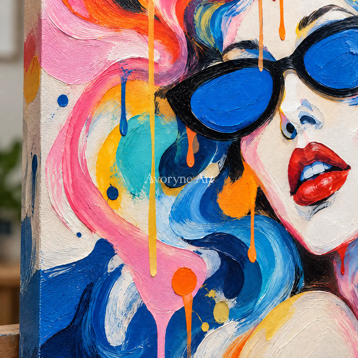 Prismatic Muse: Colorful Sunglasses Portrait Art — detail easel