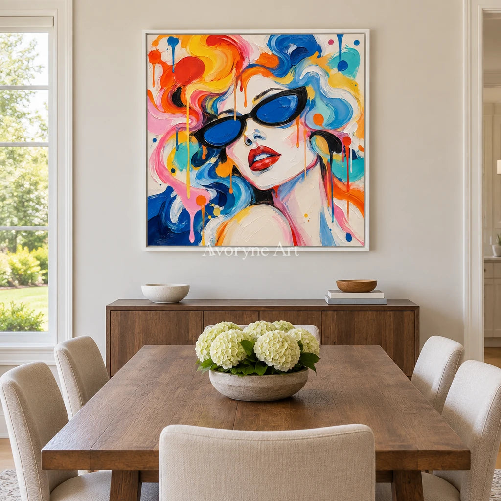 Prismatic Muse: Colorful Sunglasses Portrait Art — dining white