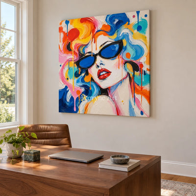 Prismatic Muse: Colorful Sunglasses Portrait Art — office frameless