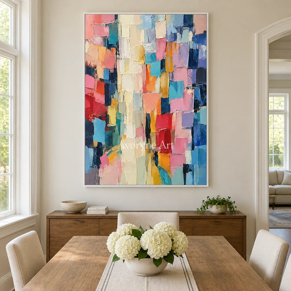 Pastel Tesserae: Colorful Textured Abstract Wall Art — dining white