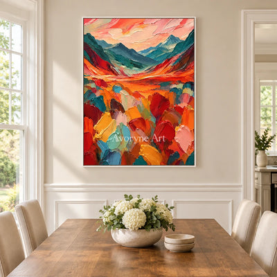 Ember Valley: Colorful Valley Landscape Wall Art — dining white