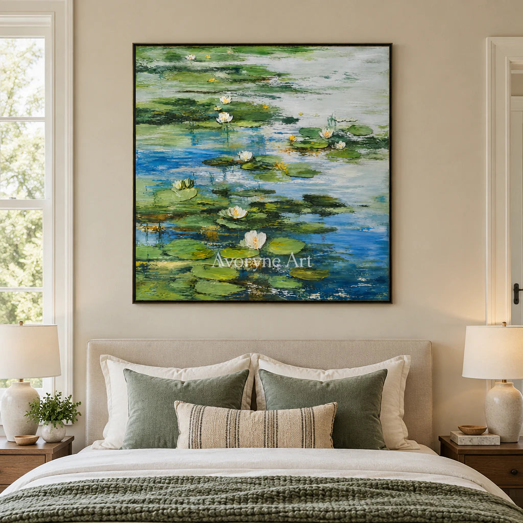 Lily Stillness: Colorful Water Lily Pond Wall Art — bedroom black
