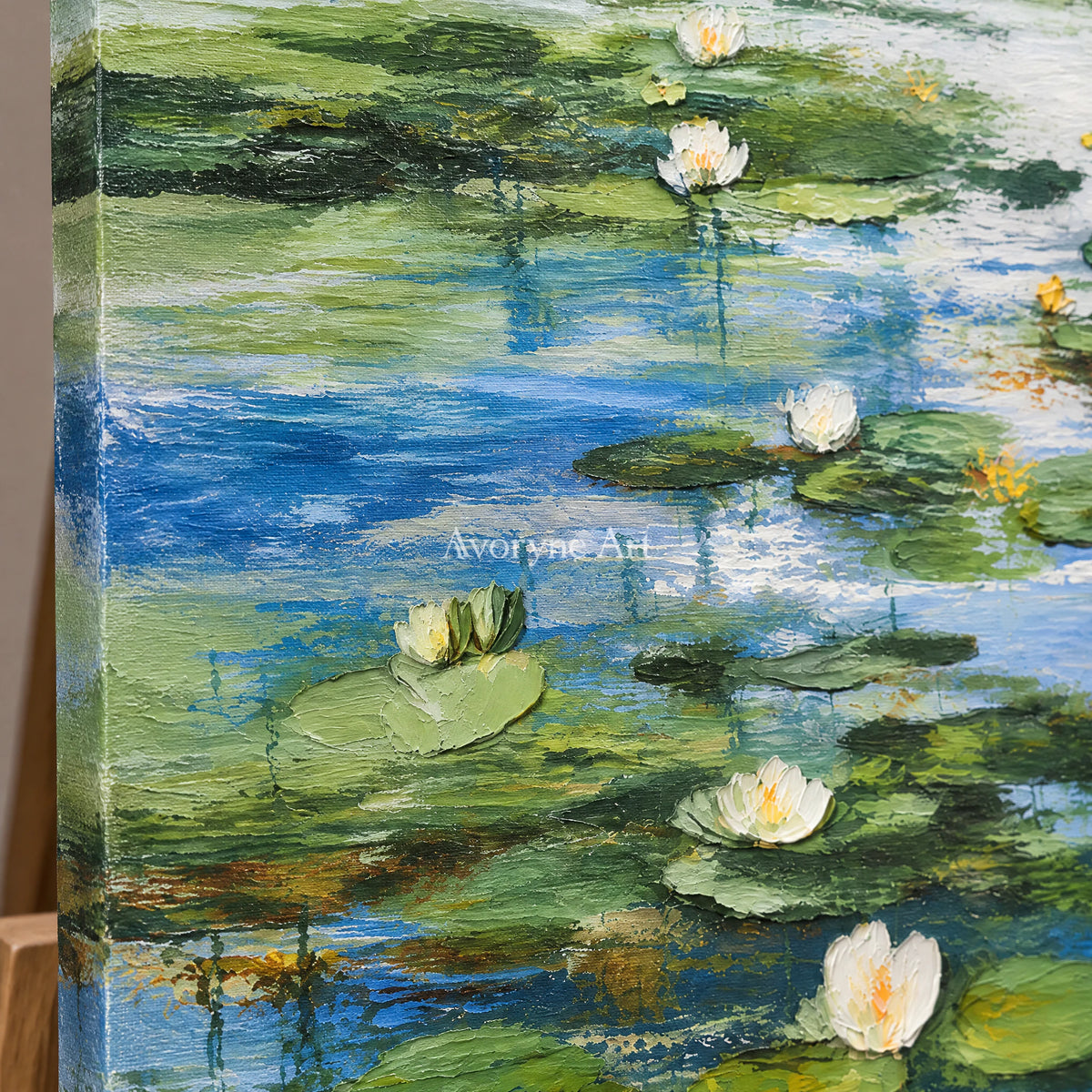 Lily Stillness: Colorful Water Lily Pond Wall Art — detail easel