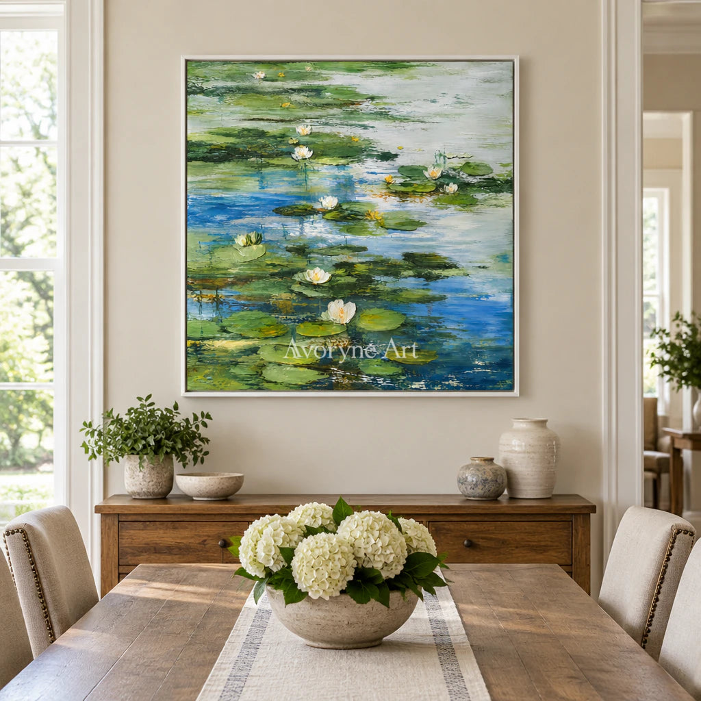 Lily Stillness: Colorful Water Lily Pond Wall Art — dining white