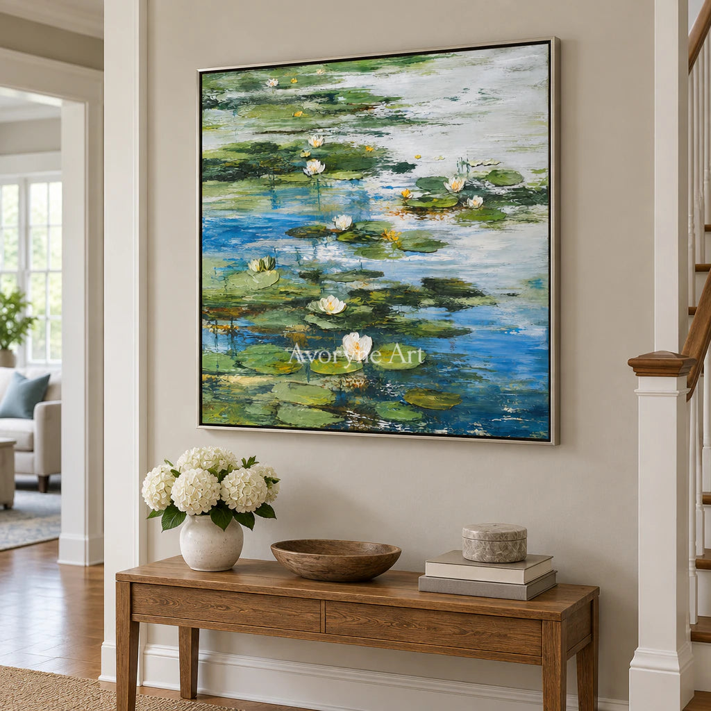 Lily Stillness: Colorful Water Lily Pond Wall Art — entry silver