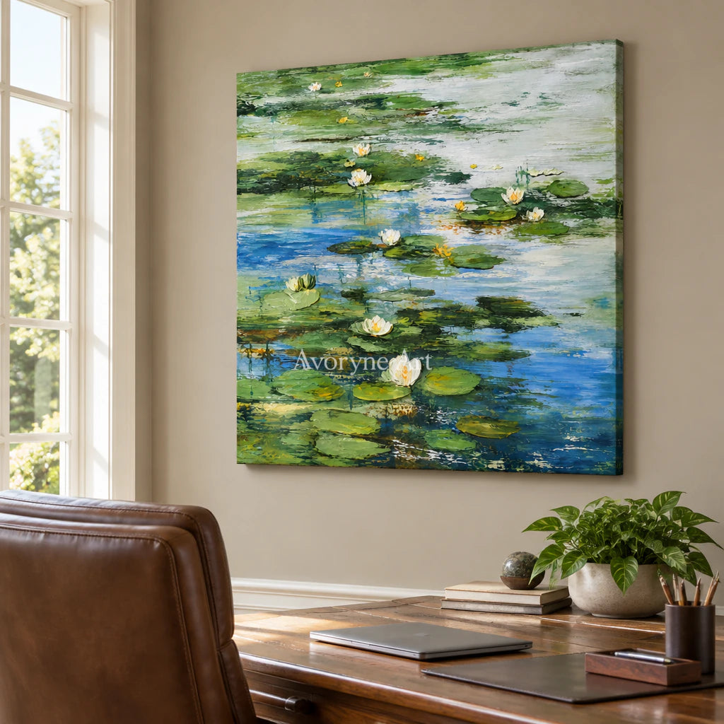 Lily Stillness: Colorful Water Lily Pond Wall Art — office frameless
