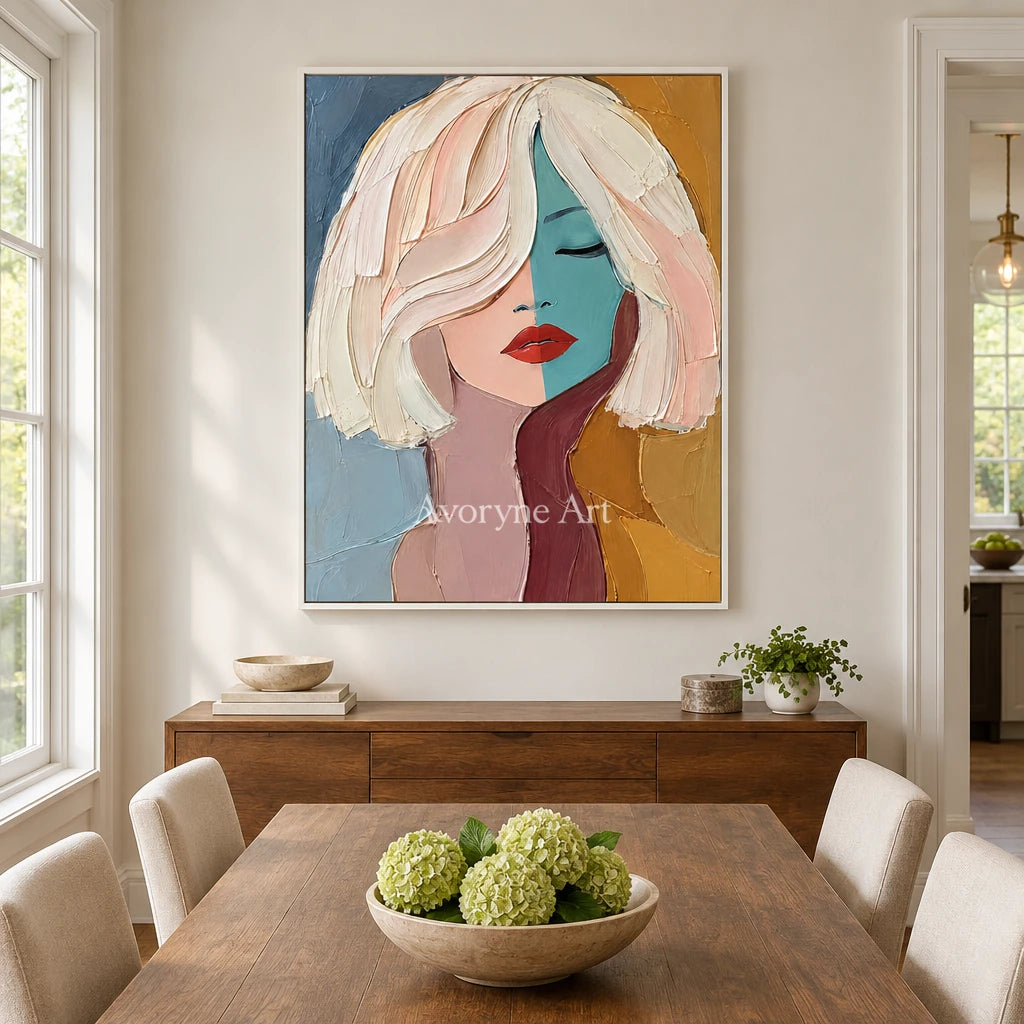 Reverie Muse: Colorful Woman Portrait Wall Art — dining white