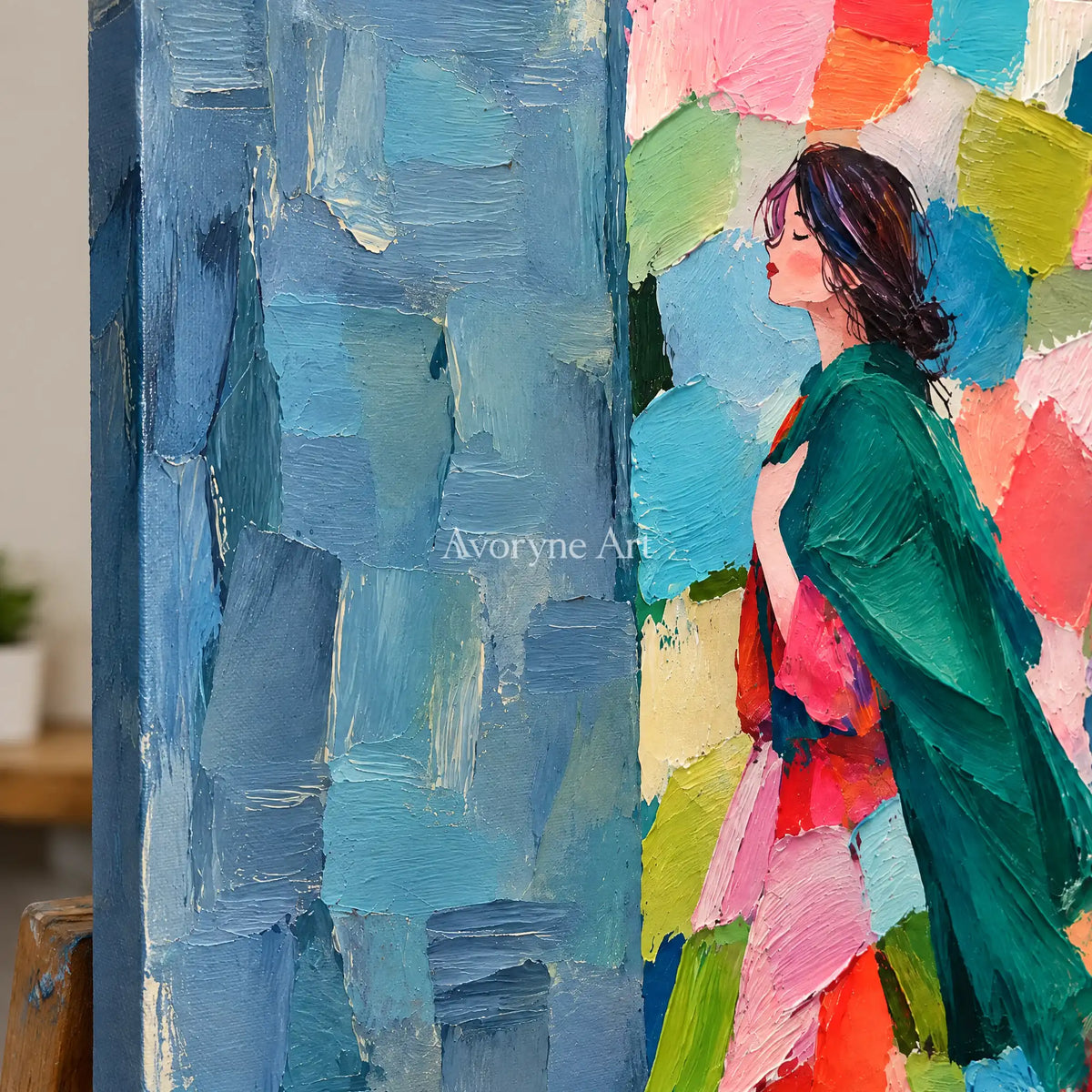 Emerald Poise: Colorful Woman Portrait Wall Art — detail easel