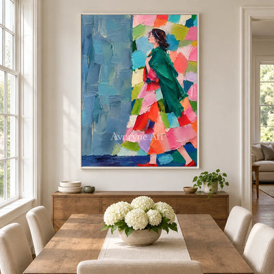 Emerald Poise: Colorful Woman Portrait Wall Art — dining white