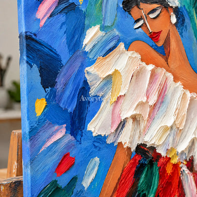 Ruffled Reverie: Colorful Woman Portrait Wall Art — detail easel