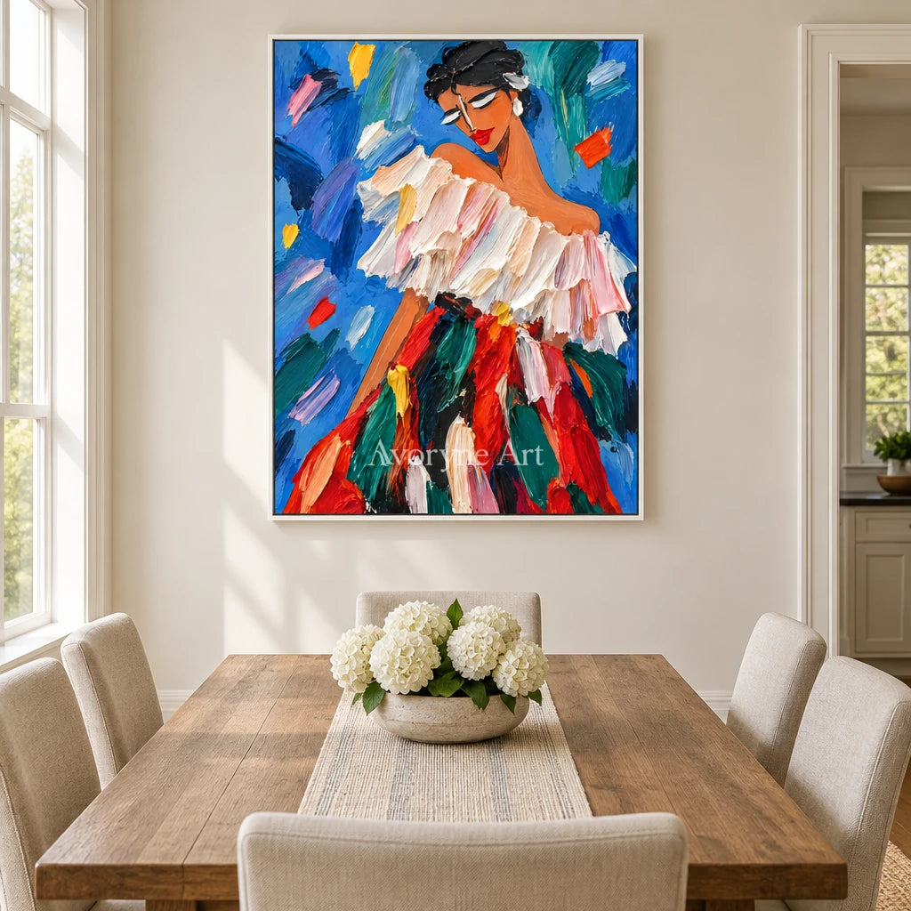 Ruffled Reverie: Colorful Woman Portrait Wall Art — dining white