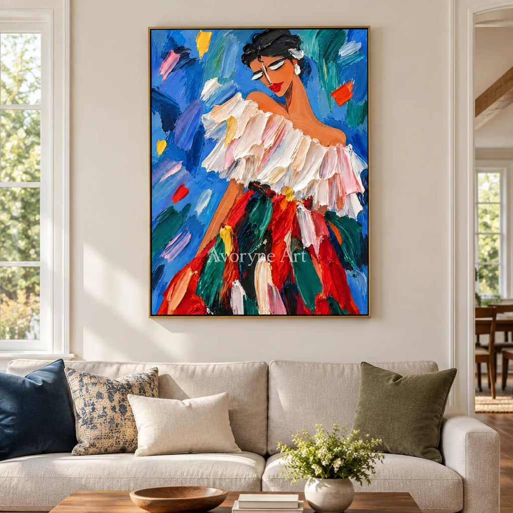 Ruffled Reverie: Colorful Woman Portrait Wall Art — living gold