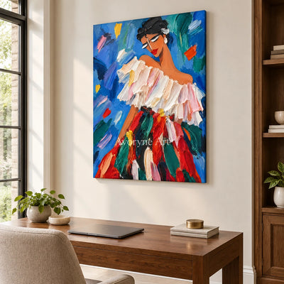 Ruffled Reverie: Colorful Woman Portrait Wall Art — office frameless