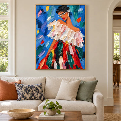 Ruffled Reverie: Colorful Woman Portrait Wall Art — villa wood