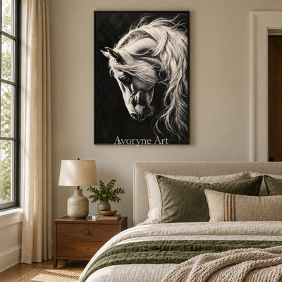 Moonlit Mane: Contemporary White Horse Wall Art — bedroom black