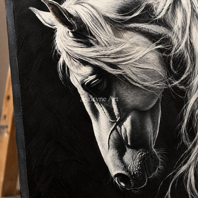 Moonlit Mane: Contemporary White Horse Wall Art — detail easel