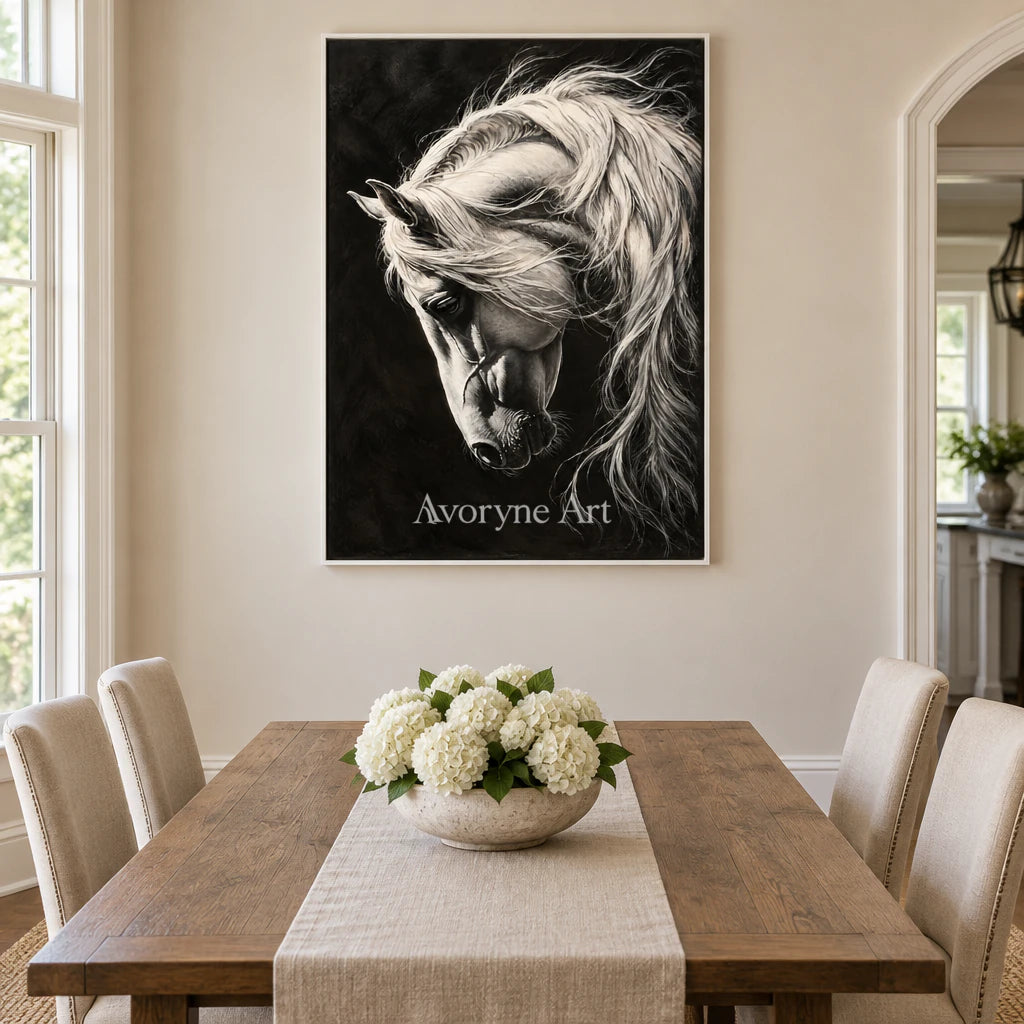 Moonlit Mane: Contemporary White Horse Wall Art — dining white