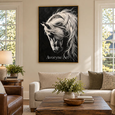 Moonlit Mane: Contemporary White Horse Wall Art — living gold
