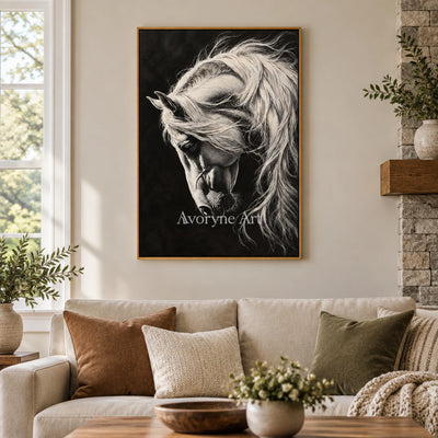 Moonlit Mane: Contemporary White Horse Wall Art — villa wood