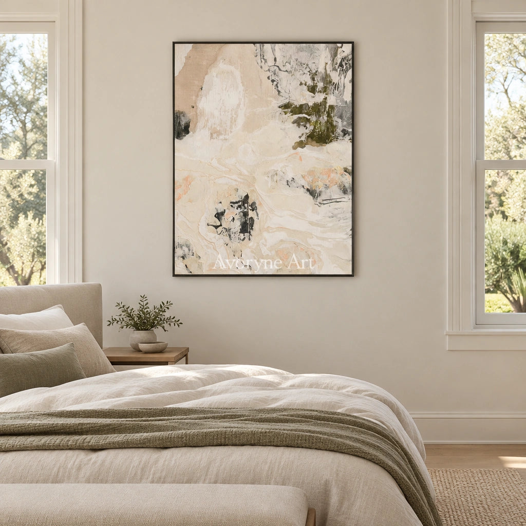 Ivory Painted Echo: Cream Gesture Art — bedroom black