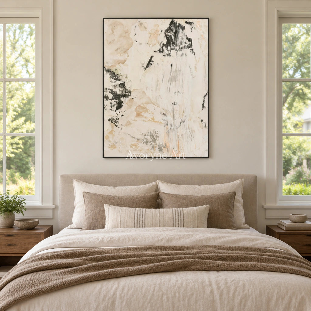 Ivory Painted Trace: Cream Gesture Art — bedroom black
